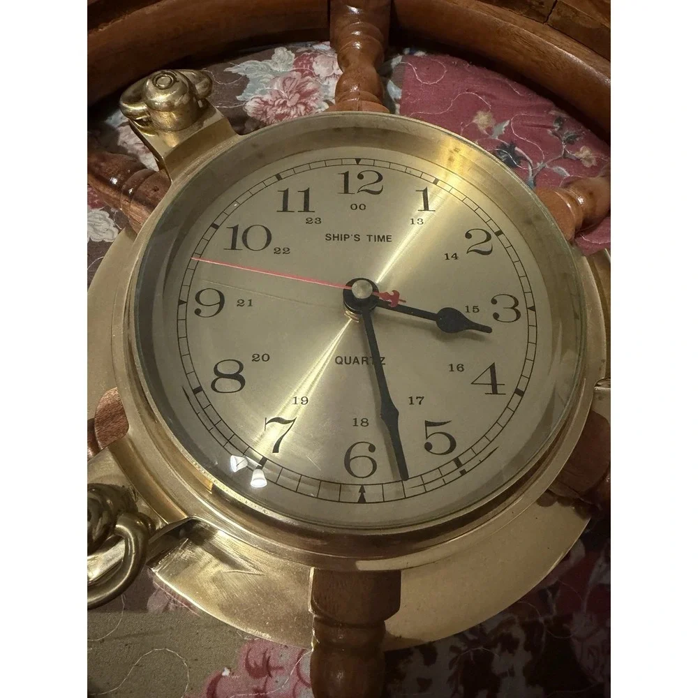 Vtg Brass And Wood Clock 